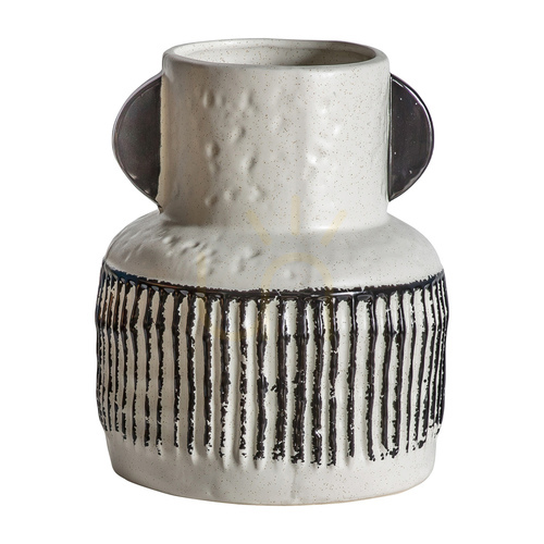 Check Vase Gallery Direct Seki Small Ribbed Stoneware Brown Cream 5059413394003