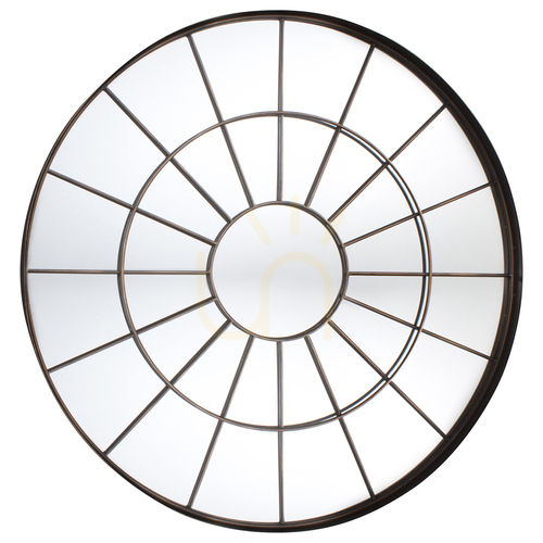 Check Gallery Direct Battersea round wall mirror bronze metal wheel-window bars industrial 100.5 cm