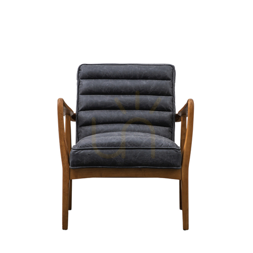 Check Armchair Gallery Direct Datsun Antique Ebony Leather Mid-Century Oak Frame