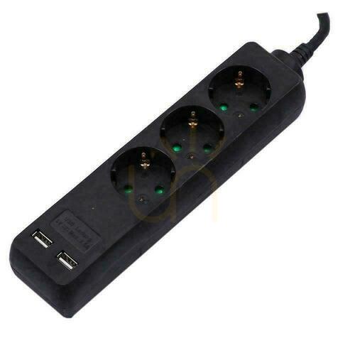 Check V-TAC 3-Slot Extender 2 USB Ports (3G 1.5MM2 X 1.5M) Black VT-1125-2