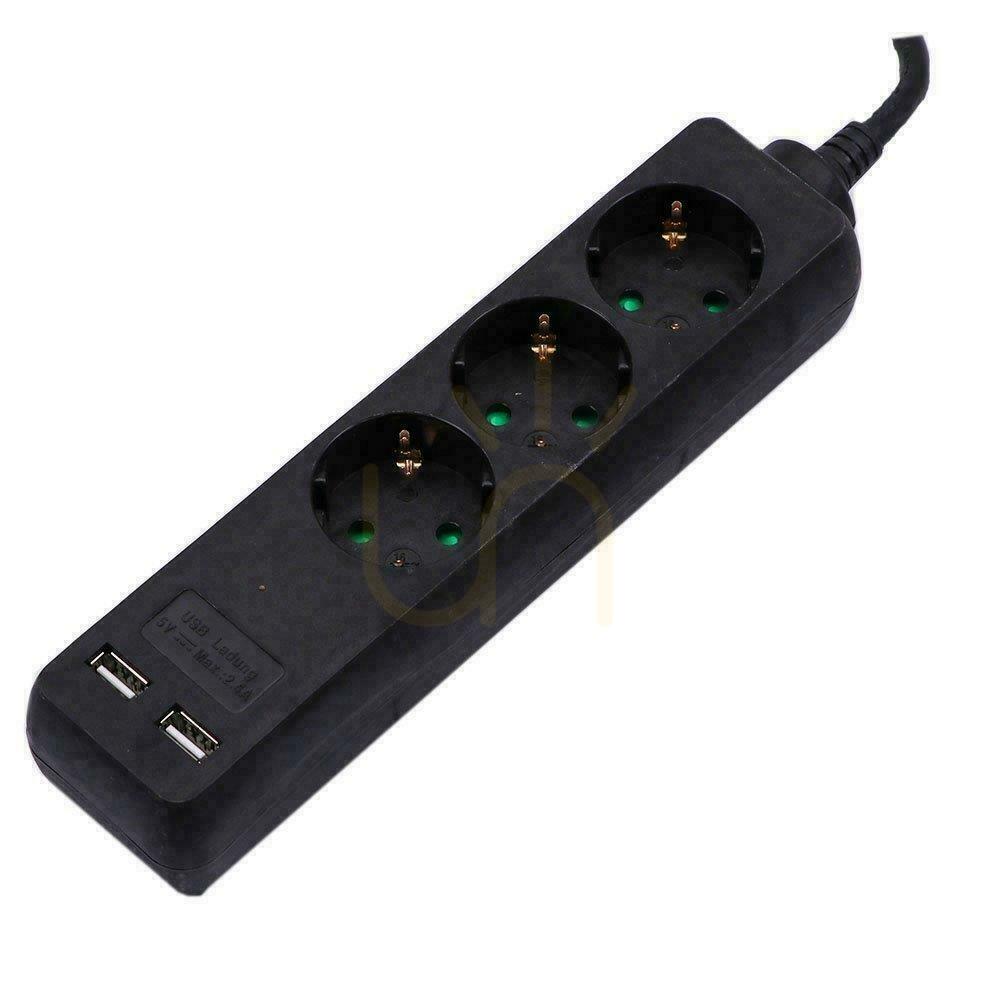 V-TAC 3-Slot Extender 2 USB Ports (3G 1.5MM2 X 5M) Black VT-1125-2