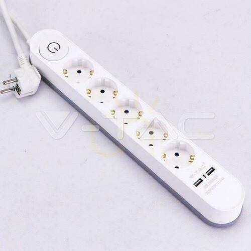 Check V-TAC VT-1115-3 power strip, 5 sockets, 2 × USB 3.4 A, illuminated switch, 3 m cable, white