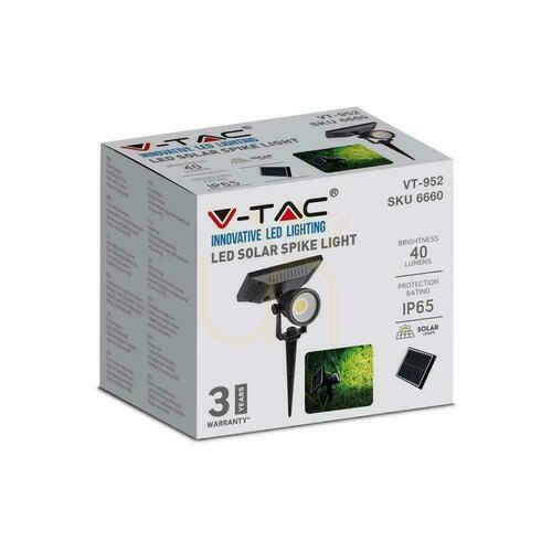Check LED V-TAC Solar 2W IP65 VT-952 6400K 40lm Grounded Garden Driven Luminaire 3 Years Warranty