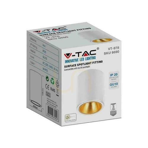 Check V-TAC GU10 Round Surface Mounted Tube White+Gold 98x118mm VT-978RD 3 Year Warranty