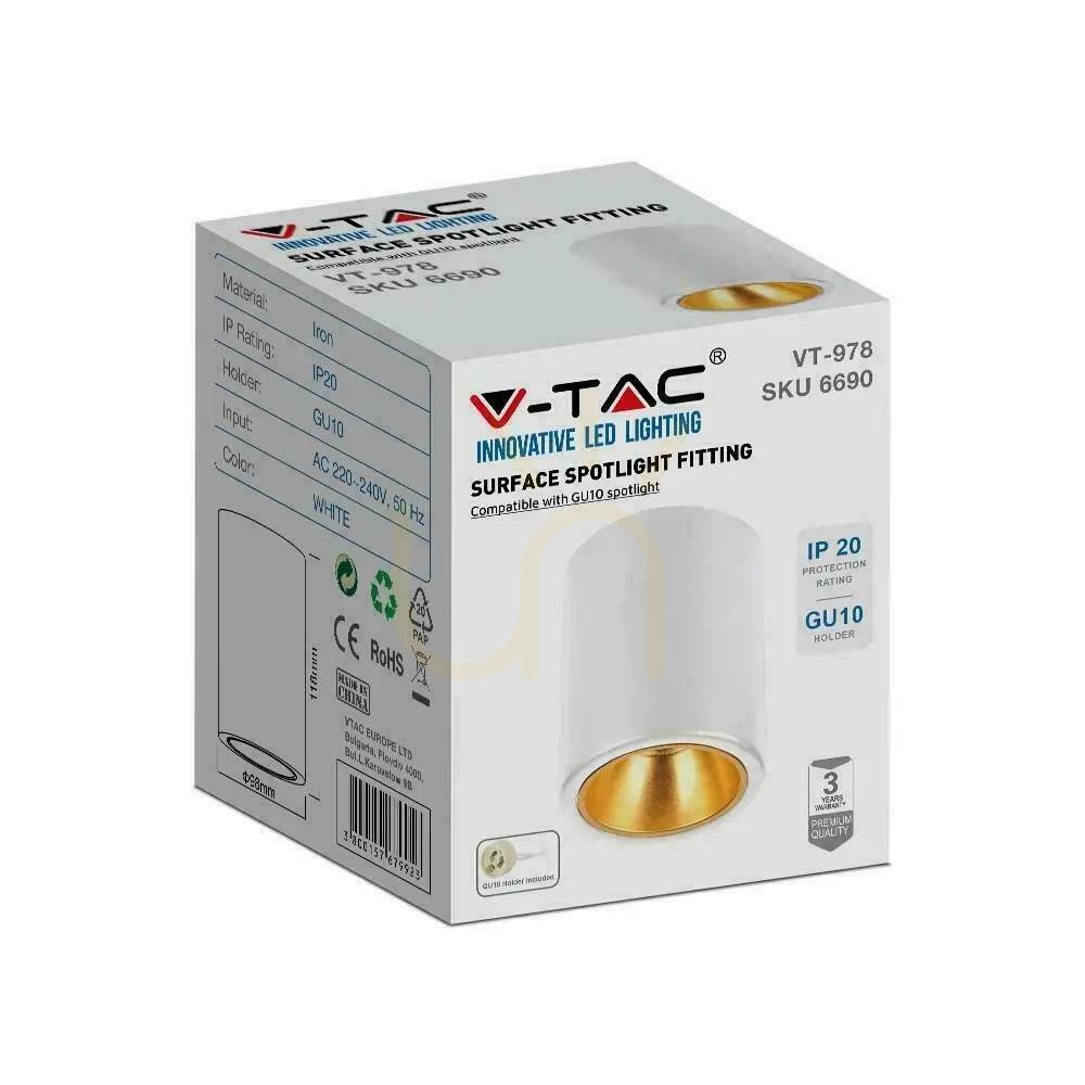 View V-TAC GU10 Round Surface Mounted Tube White+Gold 98x118mm VT-978RD 3 Year Warranty V-TAC GU10 Round Surface Mounted Tube White+Gold 98x118mm VT-978RD 3 Year Warranty