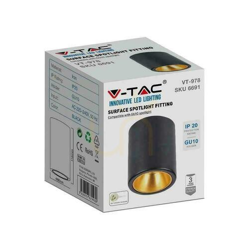 Check V-TAC GU10 Round Surface Mounted Tube Black+Gold 98x118mm VT-978RD 3 Year Warranty