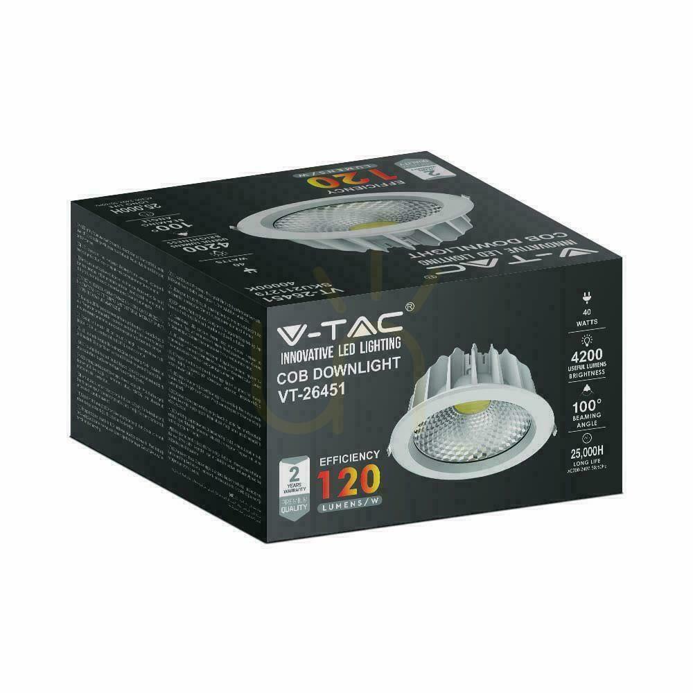 Display LED V-TAC 40W COB Downlight 120Lm/W VT-26451 6000K 4200lm. LED V-TAC 40W COB Downlight 120Lm/W VT-26451 6000K 4200lm.