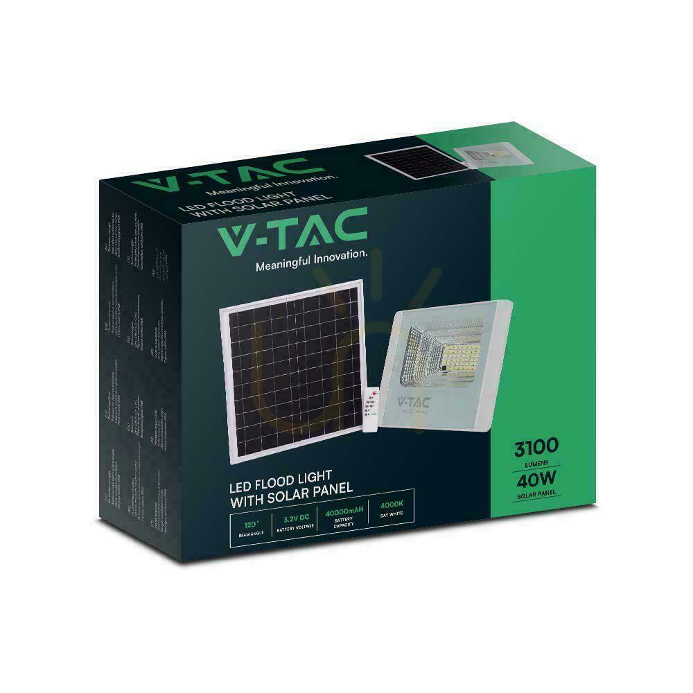Display V-TAC Solar LED Projector 40W White IP65, Remote Control, Timer VT-200W 4000K 3100lm. V-TAC Solar LED Projector 40W White IP65, Remote Control, Timer VT-200W 4000K 3100lm.