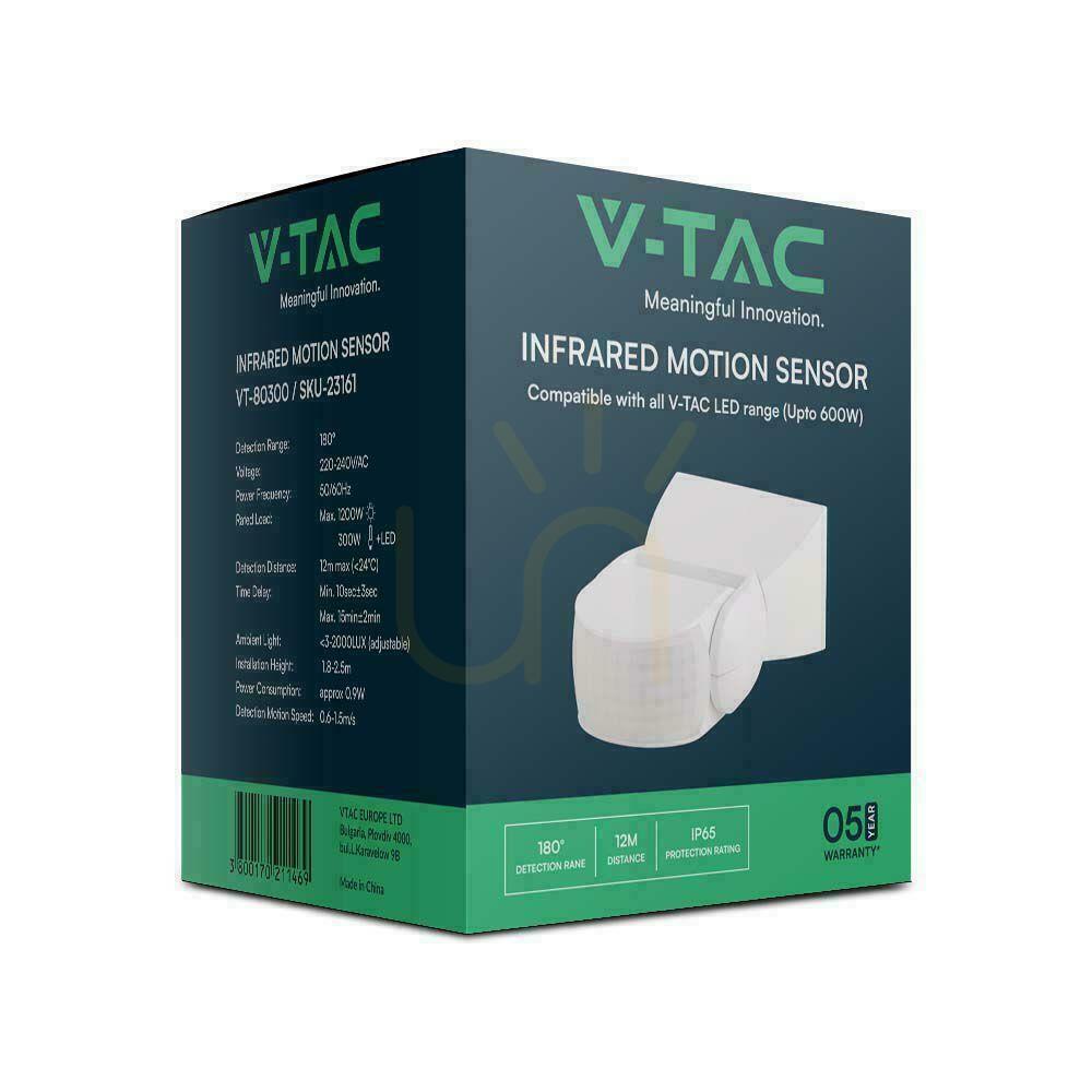 Show Infrared Motion Sensor Wall Mounted White 180st 1200W IP65 VT-80300 5 Year Warranty Infrared Motion Sensor Wall Mounted White 180st 1200W IP65 VT-80300 5 Year Warranty