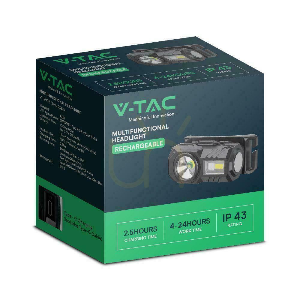 Show V-TAC 3W SMD Charging USB-C IP43 VT-9902 190lm 3-in-1 Head Bike Flashlight. V-TAC 3W SMD Charging USB-C IP43 VT-9902 190lm 3-in-1 Head Bike Flashlight.