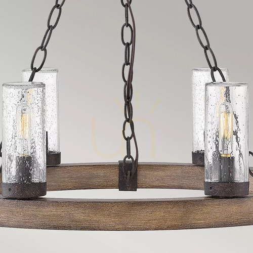 Check Sawyer 6 Light Exterior Chandelier - Sequoia Wood Effect, Rust Iron Elstead