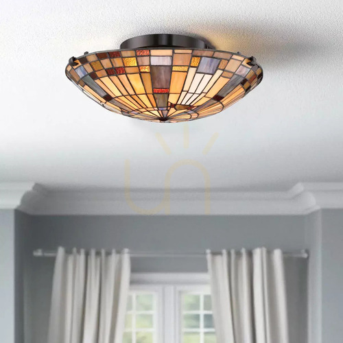 Check Inglenook Flush Ceiling Light - 2 Lights - Valiant Bronze, Art Glass Shade Elstead