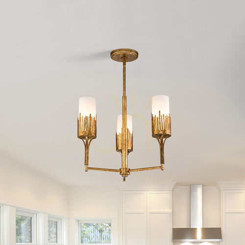 Check Quintiesse Sawgrass 3×E14 chandelier, gold leaf with antique glaze, Ø50.8 cm