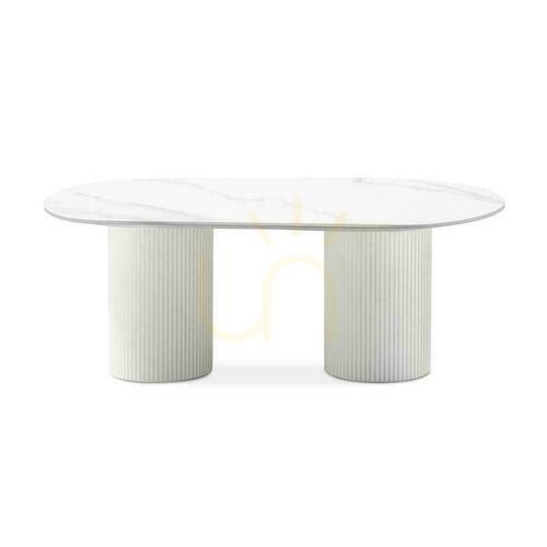 Check Coffee Table 120 cm MARBELLA Lamellas, Sintered Top with White Marble Effect