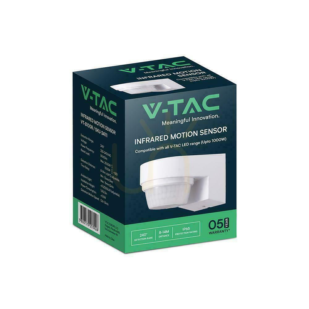 Preview Infrared motion sensor wall white 240st 1000W LED IP65 V-TAC VT-81008 5 year warranty Infrared motion sensor wall white 240st 1000W LED IP65 V-TAC VT-81008 5 year warranty