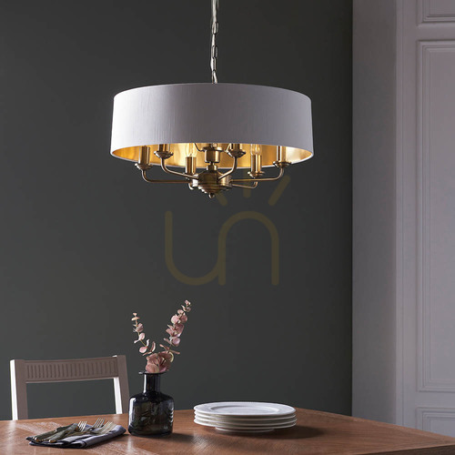 Check Endon Highclere Brass 6 Light Pendant Lamp Vintage White 55cm
