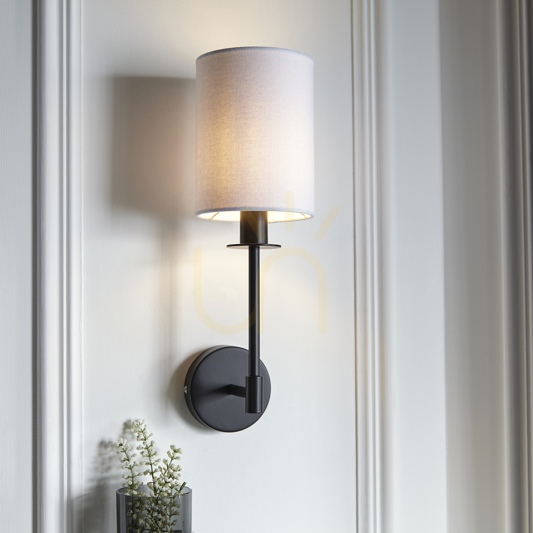 Display Endon Sancerre Black Fabric Wall Light E14 Vintage White Shade Endon Sancerre Black Fabric Wall Light E14 Vintage White Shade