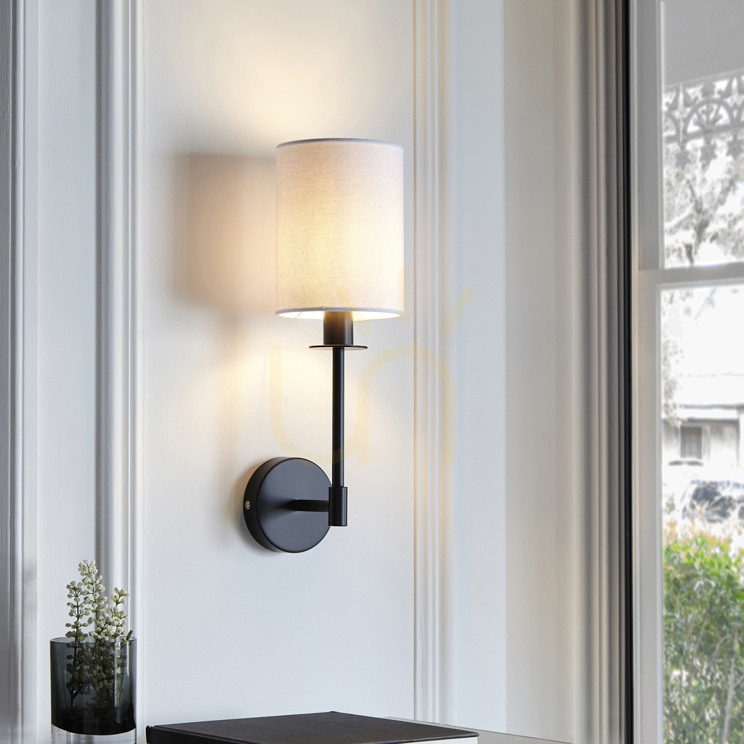 Show Endon Sancerre Black Fabric Wall Light E14 Vintage White Shade Endon Sancerre Black Fabric Wall Light E14 Vintage White Shade