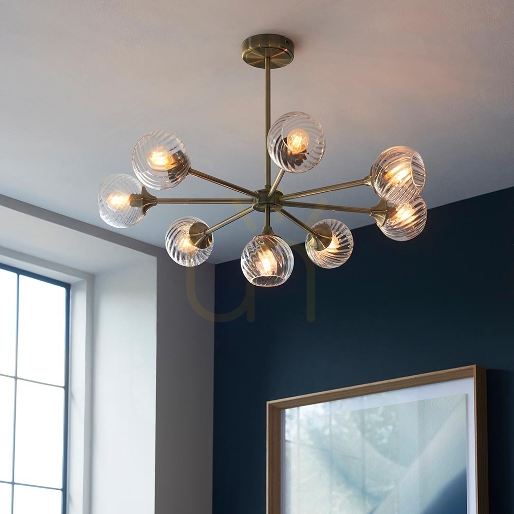 Show Endon Brass 8-Light Pendant Lamp 77cm Steel Glass Endon Brass 8-Light Pendant Lamp 77cm Steel Glass