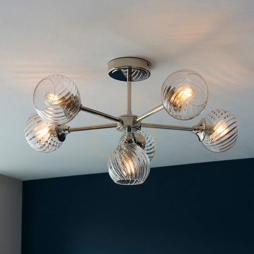 Check Endon Allegra Semi-Flush Ceiling Light Bright Nickel 6xE14 Spiral Glass 64 cm 104050