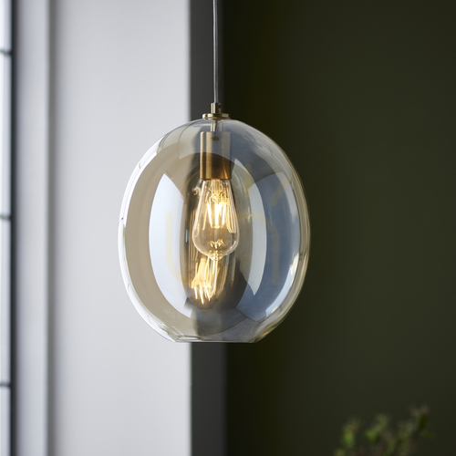 Check Endon Kelda Oval Pendant Light Satin Brass Champagne Glass 26 cm