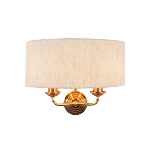 Check Endon Highclere Wall Light in Vintage Brass, 2 × E14, Natural Linen