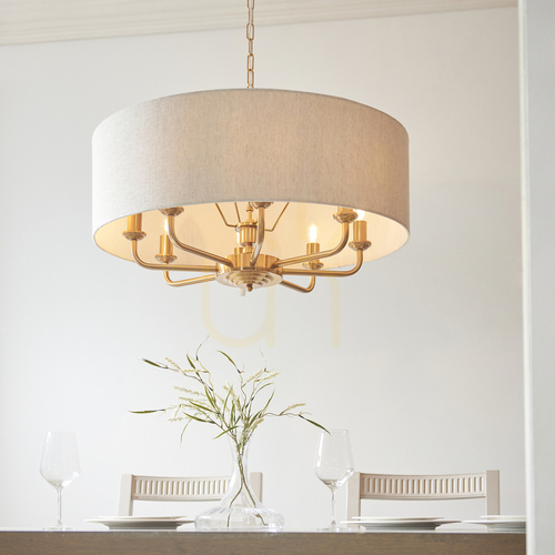 Check Endon Brass 8 Light Pendant Lamp 70cm Fabric Natural Shade