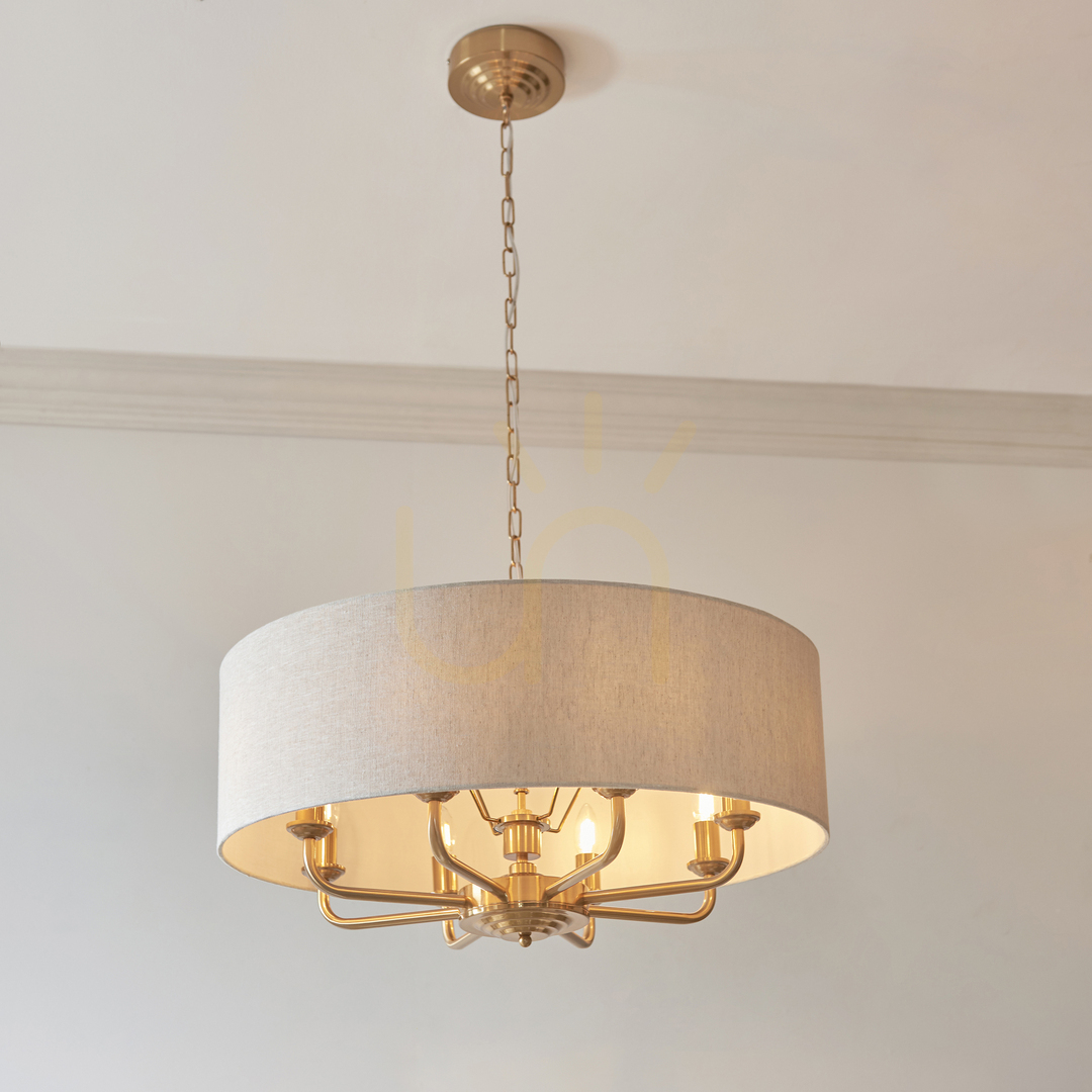 Show Endon Brass 8 Light Pendant Lamp 70cm Fabric Natural Shade Endon Brass 8 Light Pendant Lamp 70cm Fabric Natural Shade