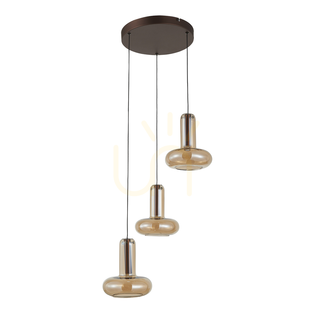 Italux Carote 3-Light LED Pendant Lamp Copper Amber Glass PND-24011-3-COPP