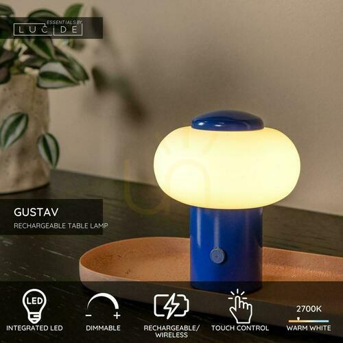 Check Lucide GUSTAV Blue Glass LED Touch Table Lamp 44520/01/35