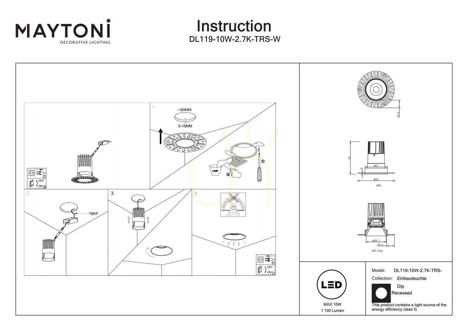 View DIP recessed luminaire DL119-10W-2.7K-TRS-W Maytoni DIP recessed luminaire DL119-10W-2.7K-TRS-W Maytoni