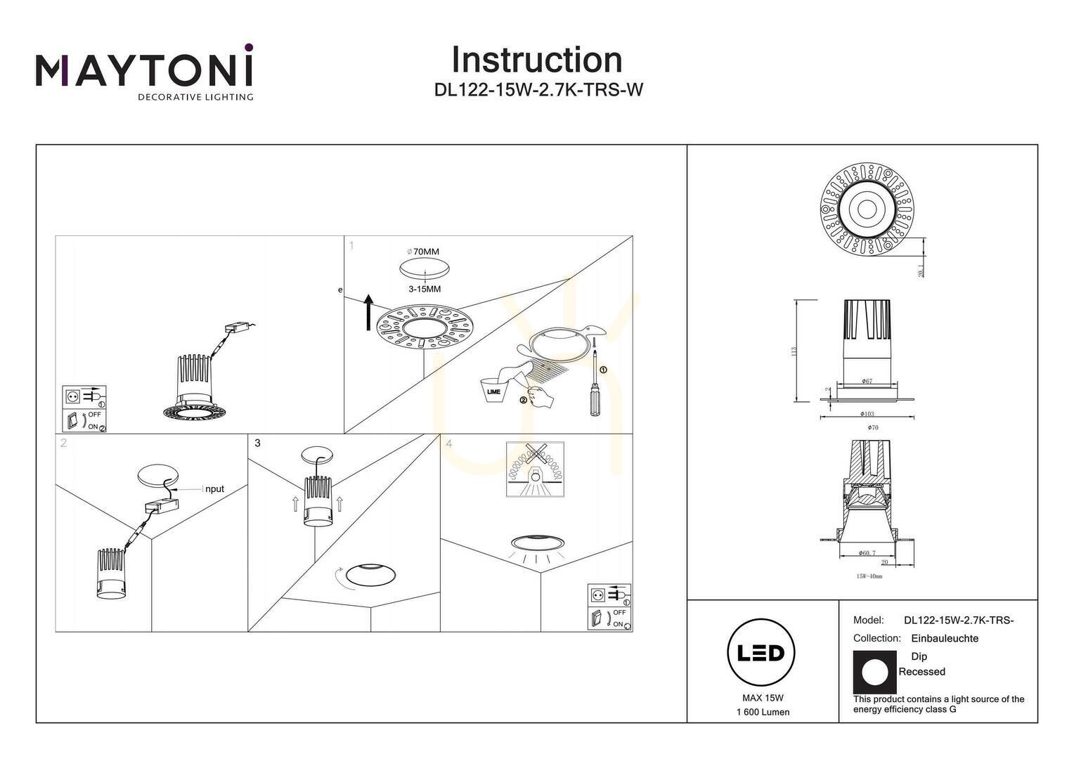 View DIP recessed luminaire DL122-15W-2.7K-TRS-W Maytoni DIP recessed luminaire DL122-15W-2.7K-TRS-W Maytoni