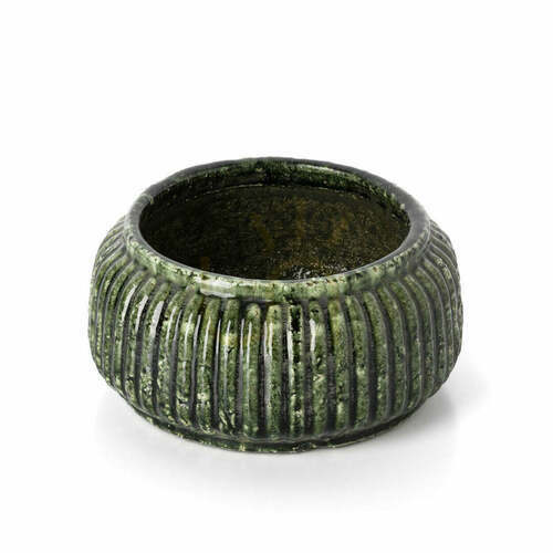 Check Ribbed Bowl Planter Forest Green Low 11 cm