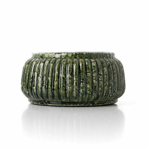 Check Ribbed Bowl Planter Forest Green Low 11 cm