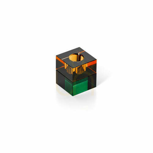 Check Candle Holder Green Amber Handmade Glass Block 5.5 cm