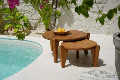 Check Bazar Bizar Seseh S outdoor coffee table in reclaimed teak, natural, 50 × 50 × 30 cm