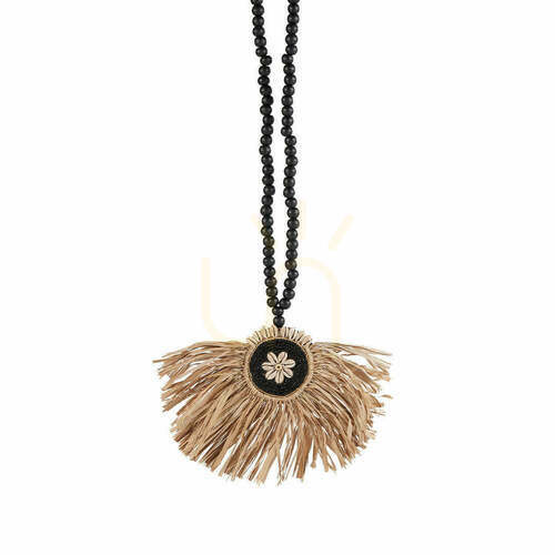 Check Raffia Tassel Wall Hanging Natural Black 70 cm