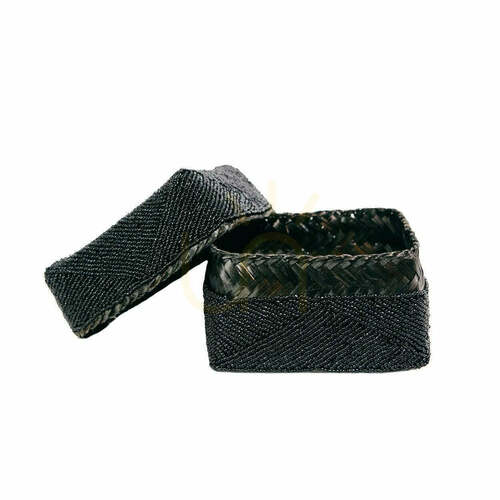 Check Beaded Bamboo Basket with Lid Black L 20x20x15 cm