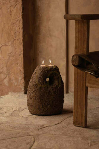 Check Terracotta Candle Holder Brown 28 cm Handmade Interior Decoration