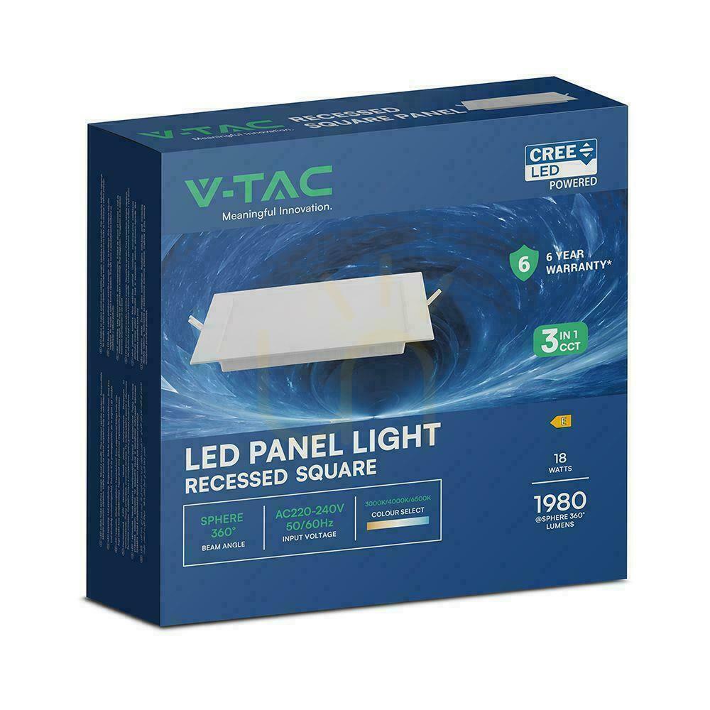 Check V-TAC 18W LED CREE CHIP recessed downlight panel square 220x220mm VT-61018CCT 1980lm 6 year warranty V-TAC 18W LED CREE CHIP recessed downlight panel square 220x220mm VT-61018CCT 1980lm 6 year warranty