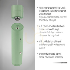 JUST LIGHT ATTACH 18281-43 rechargeable LED pendant light, sage green, dimmable small 3