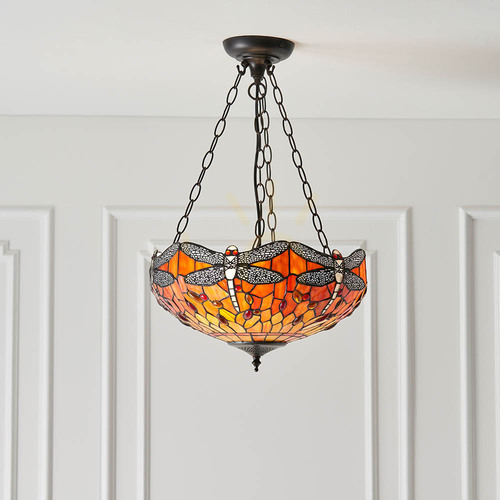Check Tiffany Pendant Lamp Dragonfly Multicolor Glass Steel 3-Light Interiors 64076
