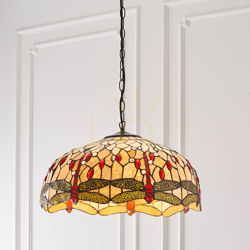 Check Pendant Light Interiors Dragonfly Tiffany Beige Glass Steel 3-Light 50 cm 64079