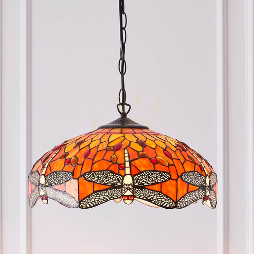 Check Interiors Dragonfly Tiffany Pendant Lamp Multicolor Glass 3-Light 41 cm 64081