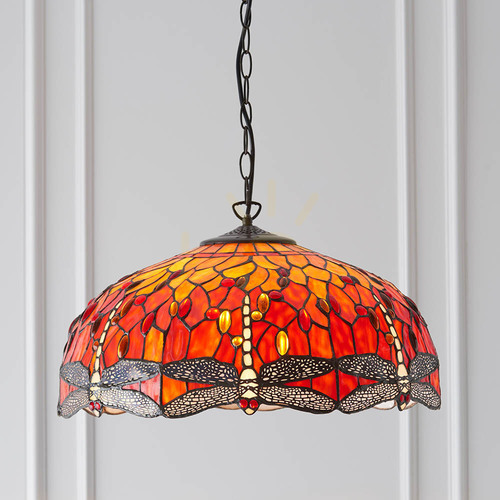 Check Interiors Dragonfly Tiffany Pendant Light Multicolor Glass Steel 3-Light 50 cm 64082