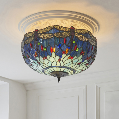 Check Ceiling Lamp Interiors Dragonfly Tiffany Blue Glass Steel 3-Light 50 cm 111899