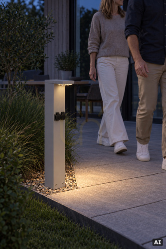 Check NORLYS Skara 2947AL Light Grey LED Bollard RAL 9006 with 2 × 230 V Sockets, 3000 K, 85 cm