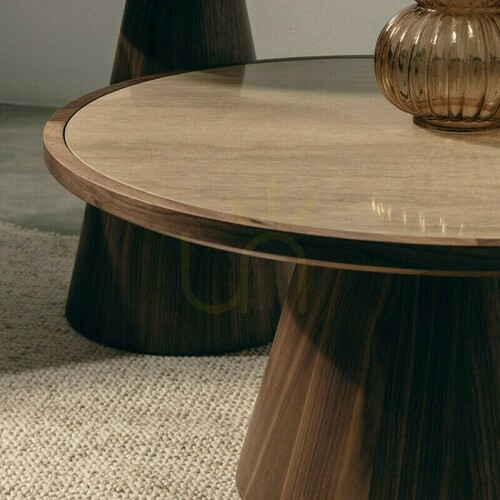 Check WASABI 80 cm Coffee Table, Round, Travertine/Walnut, Nova Nook