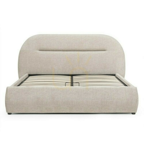 Check MALANEL Upholstered Bed, 160 x 200 cm, with frame and storage, light beige, rounded Nova Nook