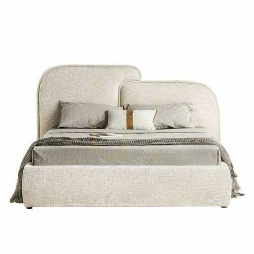 Check NORIA Upholstered Bed, 160 x 200 cm, with frame and storage, light beige, rounded Nova Nook